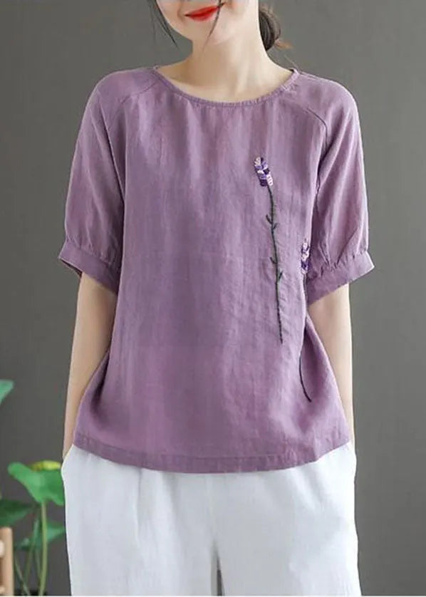 Purple Embroideried Linen Tops O-neck Short Sleeve