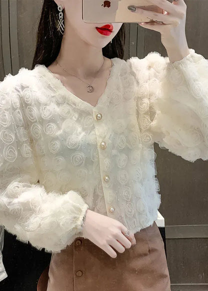 Apricot V Neck Patchwork Tops Long Sleeve
