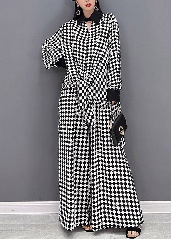 Modern Light Grey Peter Pan Collar Patchwork Chiffon Shirts and Wide Leg Pants Two Piece Suit Set Long Sleeve