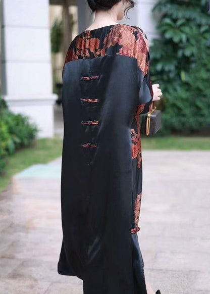 Red V Neck Print Silk Long Dress Summer