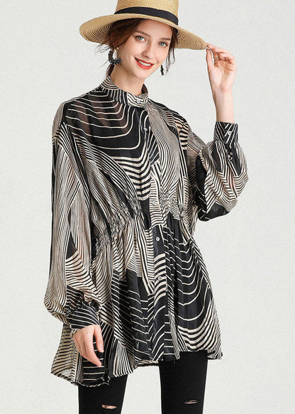 Black Stand Collar Striped Chiffon Cinch Blouse Tops Long Sleeve