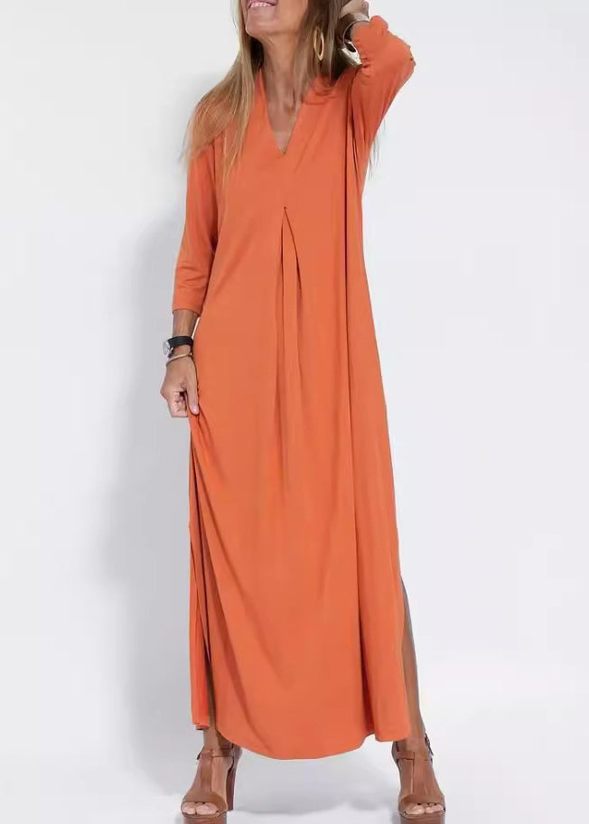 Loose Black V Neck Side Open Cotton Long Dress Bracelet Sleeve Spring