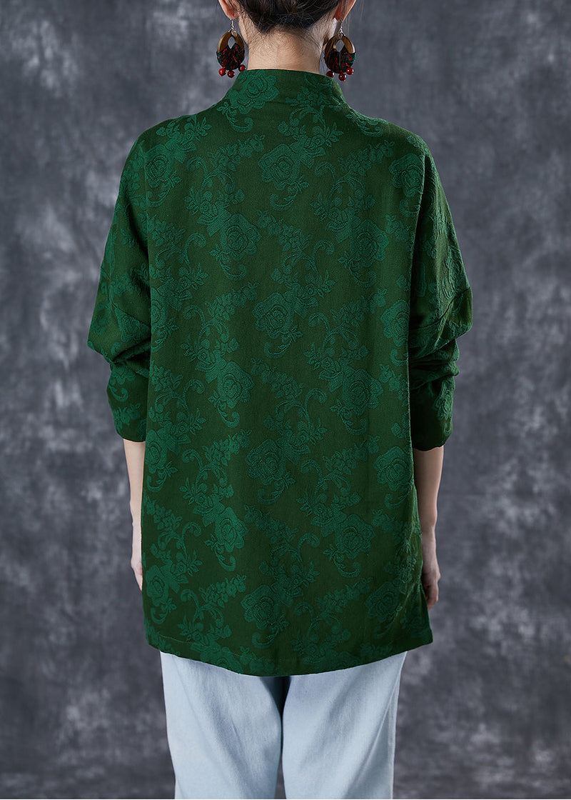 Green Jacquard Chinese Button Cotton Coats Fall