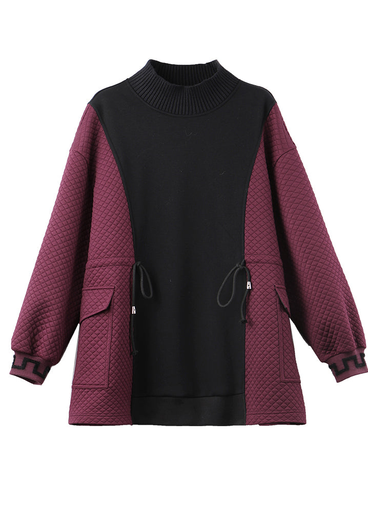 Mulberry Drawstring Patchwork Warm Fleece Sweatshirts Top Winter