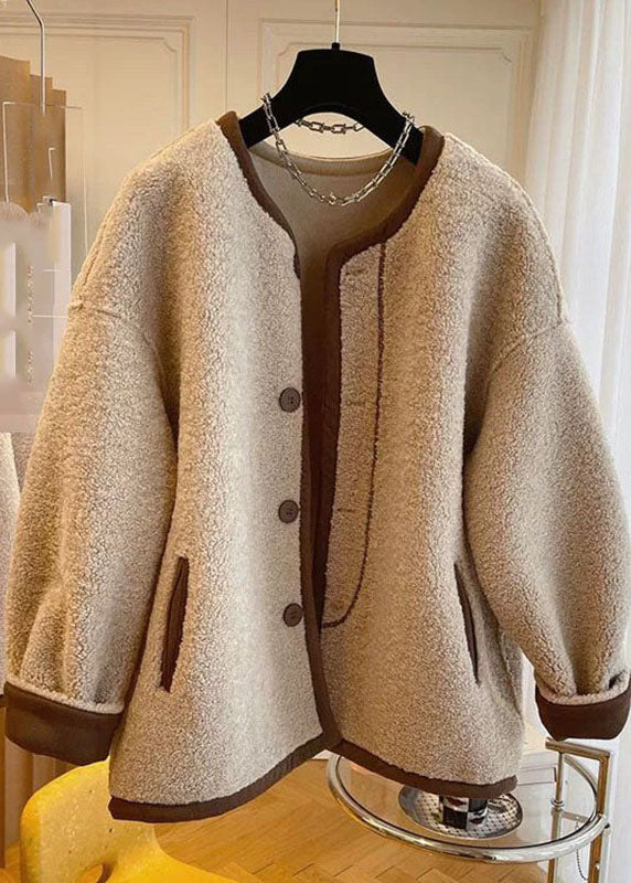 French Khaki O-neck Patchwork Button Faux Fur Coats Winter