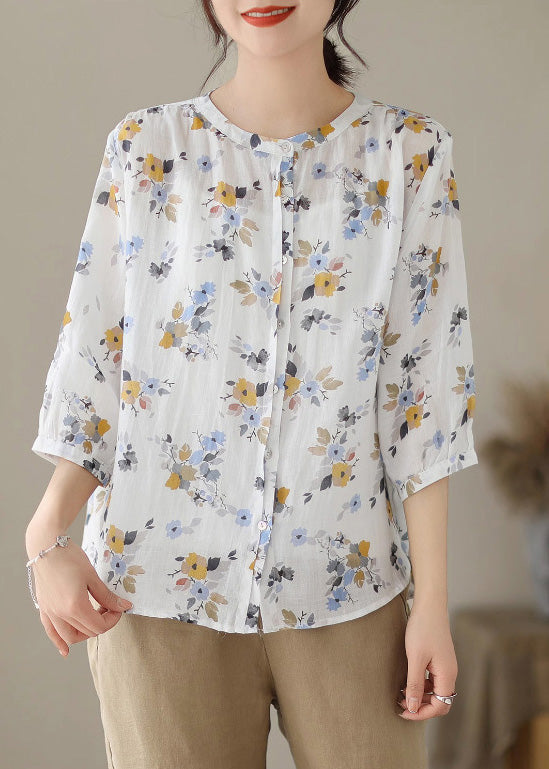 White O-neck Print Button Ramie Shirts Summer