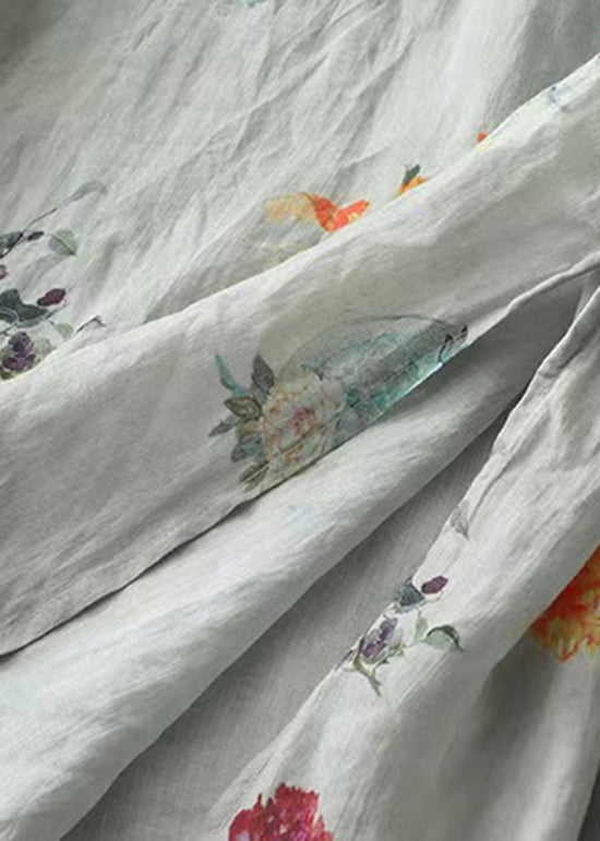 Green O Neck Print Chinese Button Cotton Dress Spring