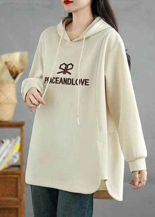 Beige Embroidered Graphic Cotton Sweatshirts Top Spring