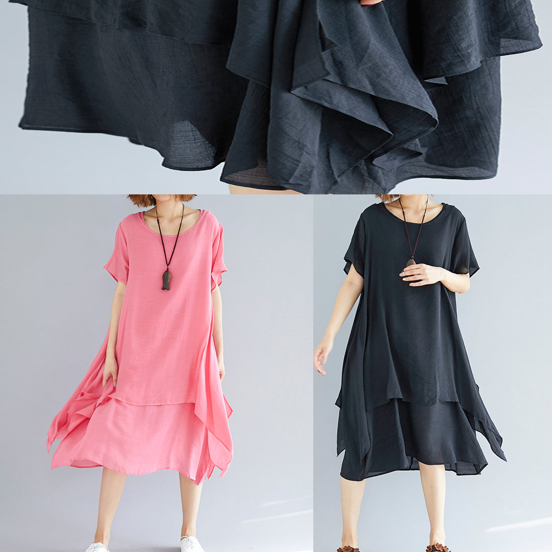 Vivid Brown Necklace Linen-cotton Tunics for Fabrics O Neck Asymmetric Oversized Summer Dress