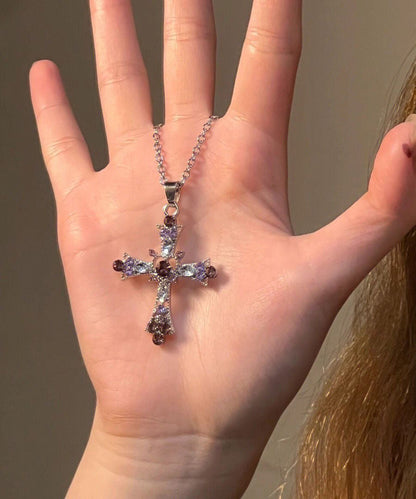 Purple Alloy Zircon Cross Lariat Necklace