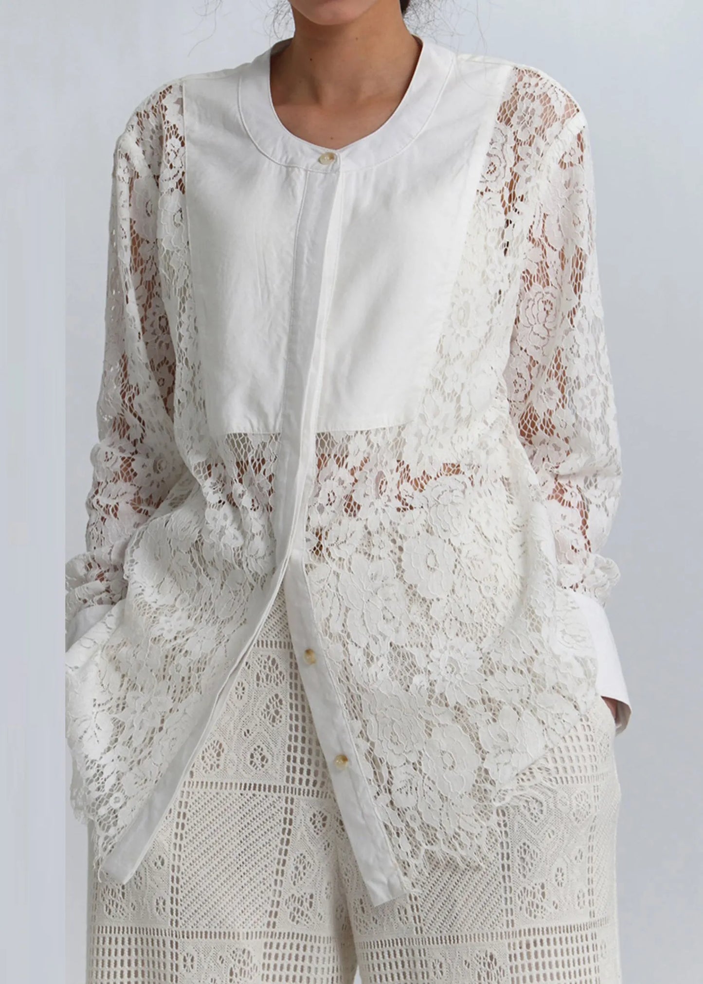 White Button Hollow Out Lace Blouses Spring