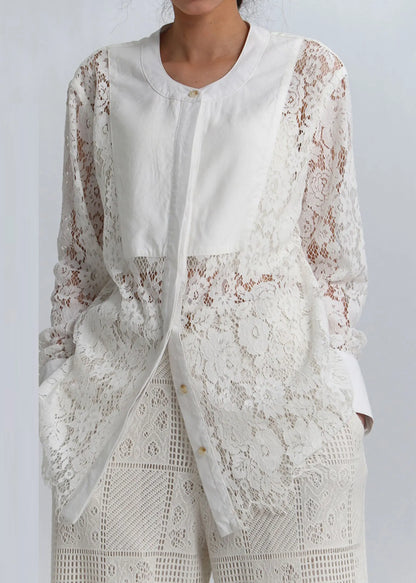 White Button Hollow Out Lace Blouses Spring