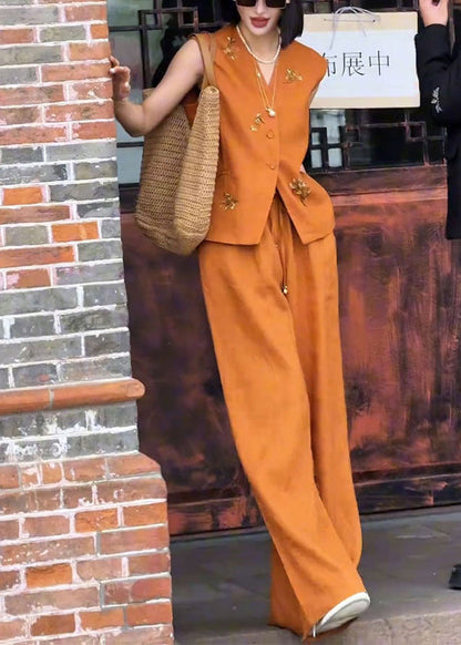 French Orange Nail Bead Waistcoat and Pants Linen Two Pieces Set Sleeveless