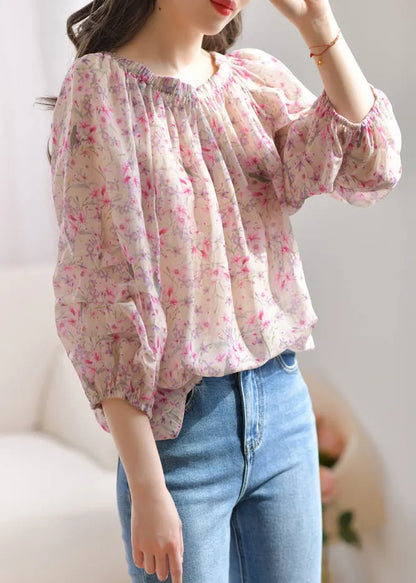 French Purple Ruffled Print Silk Blouses Bracelet Sleeve Summer