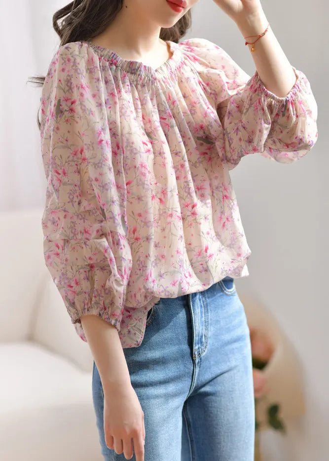French Purple Ruffled Print Silk Blouses Bracelet Sleeve Summer