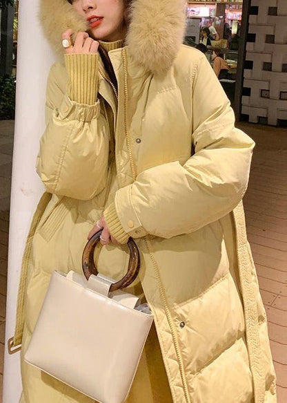 Black Fur Collar Hooded Tie Waist Fine Cotton Filled Puffers Coat Winter