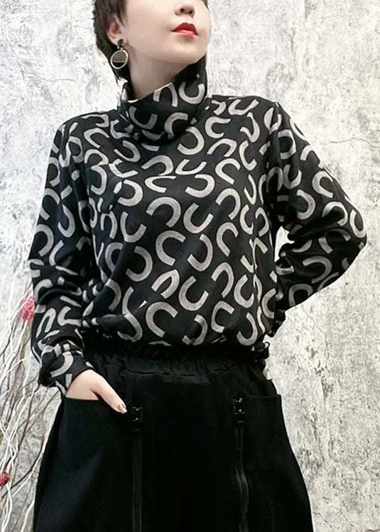 Italian Black Turtleneck Print Tops Long Sleeve