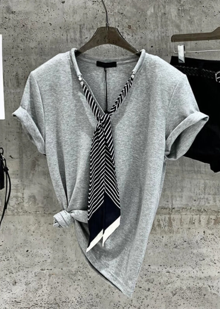 Grey Necktie Cotton T Shirts Summer