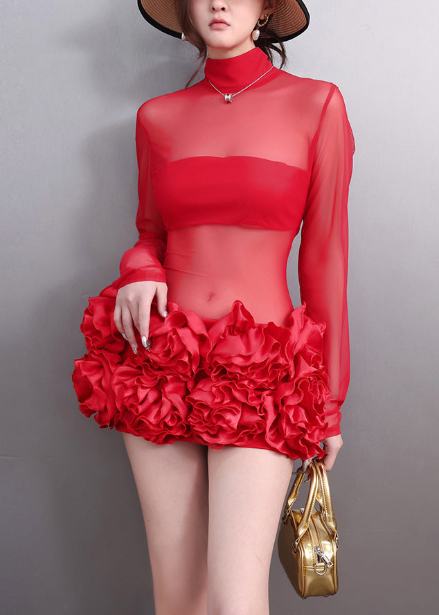 Red Patchwork Sheer Tulle Holiday Mid Dress Fall
