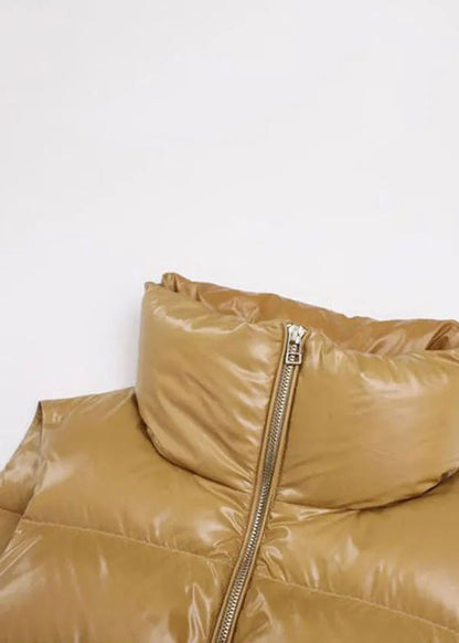 Khaki Zip Up Pockets Warm Duck Down Vest Sleeveless