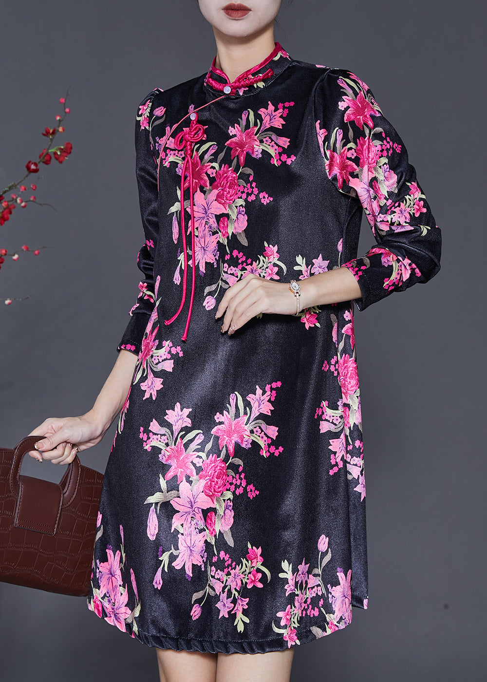 Chinese Style Black Print Silk Velour Mini Dresses Spring