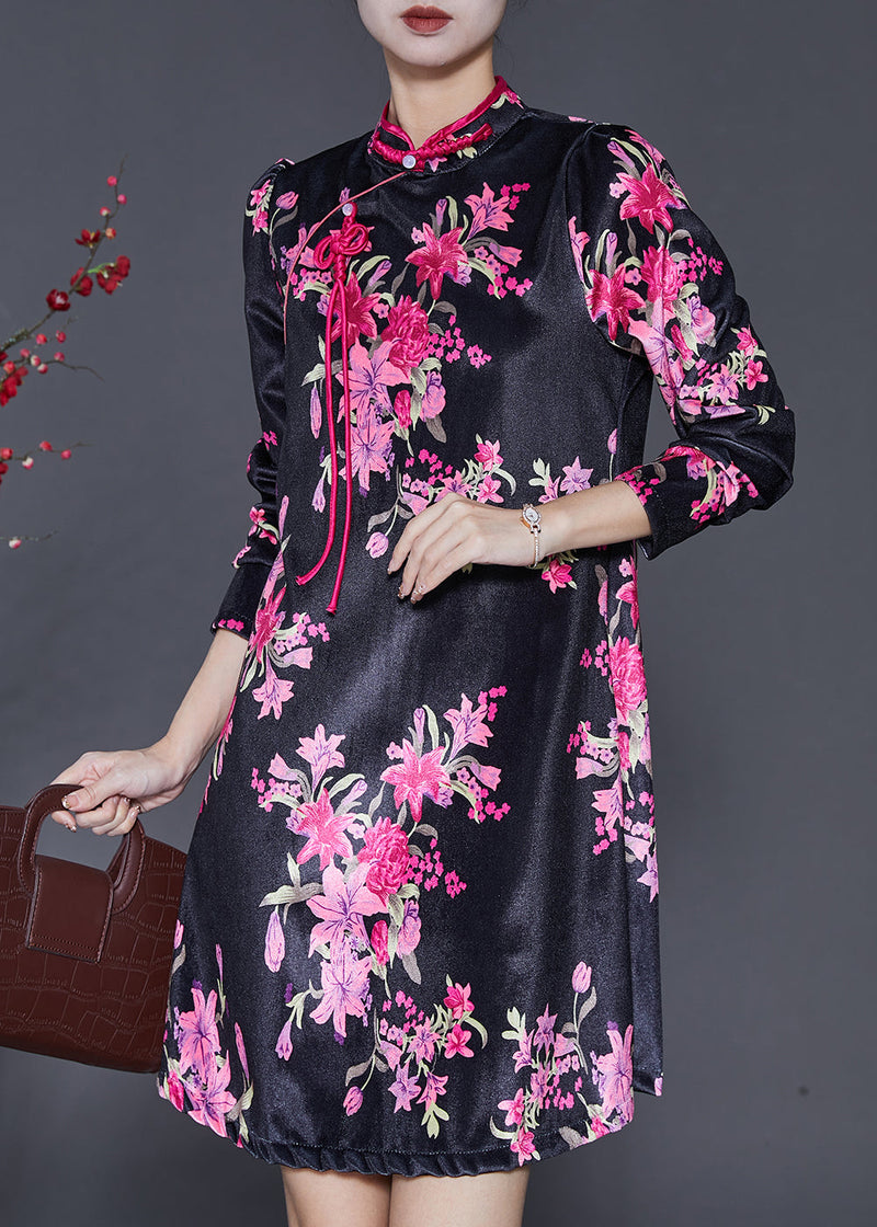 Chinese Style Black Print Silk Velour Mini Dresses Spring