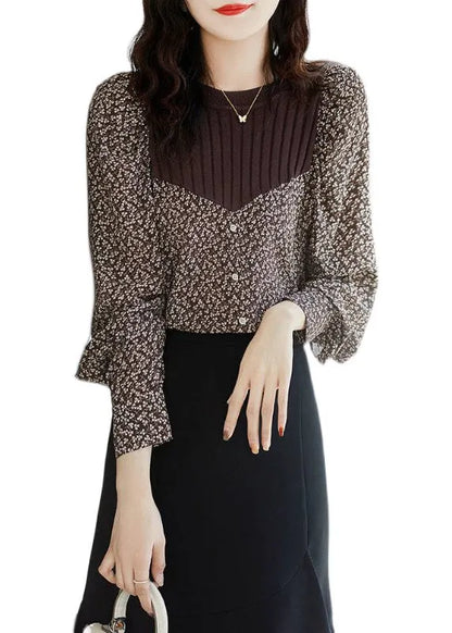 Brown O-neck Print Patchwork Button Knit Shirt Long Sleeve