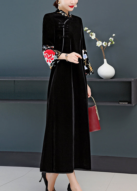 Black Stand Collar Embroideried Patchwork Velour Dress Fall