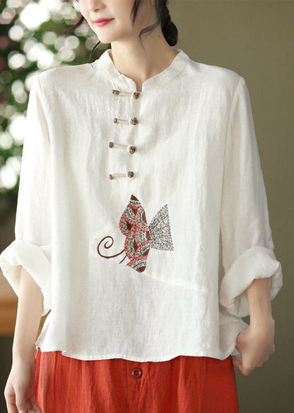 Boutique White O-neck Embroideried Button Linen Shirt Long Sleeve