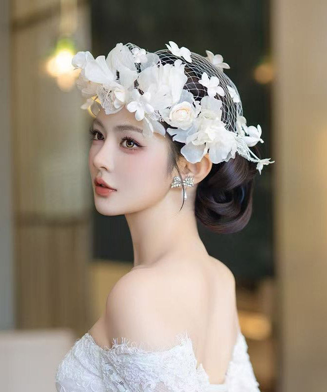 Classy White Gauze Hairpiece and Drop Earrings Two-piece Set