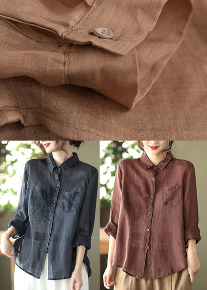 Classy Khaki Embroideried Ramie Top Long Sleeve