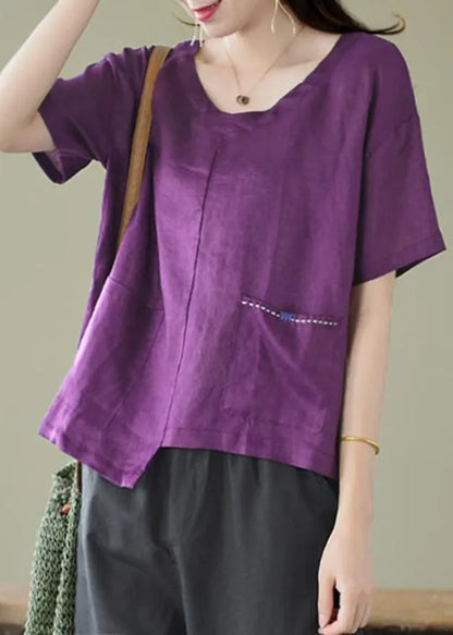 Purple O-neck Asymmetrical Design Pocket Linen Top Short Sleeve