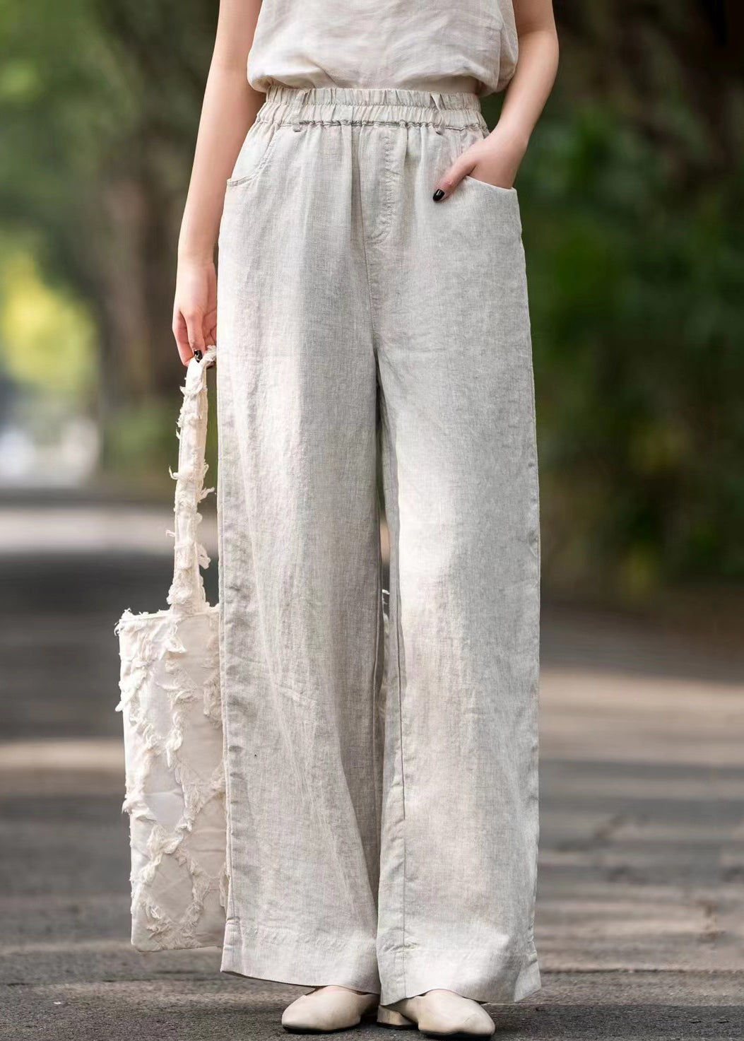 Linen Pockets Linen Summer Wide Leg Pants Elastic Waist