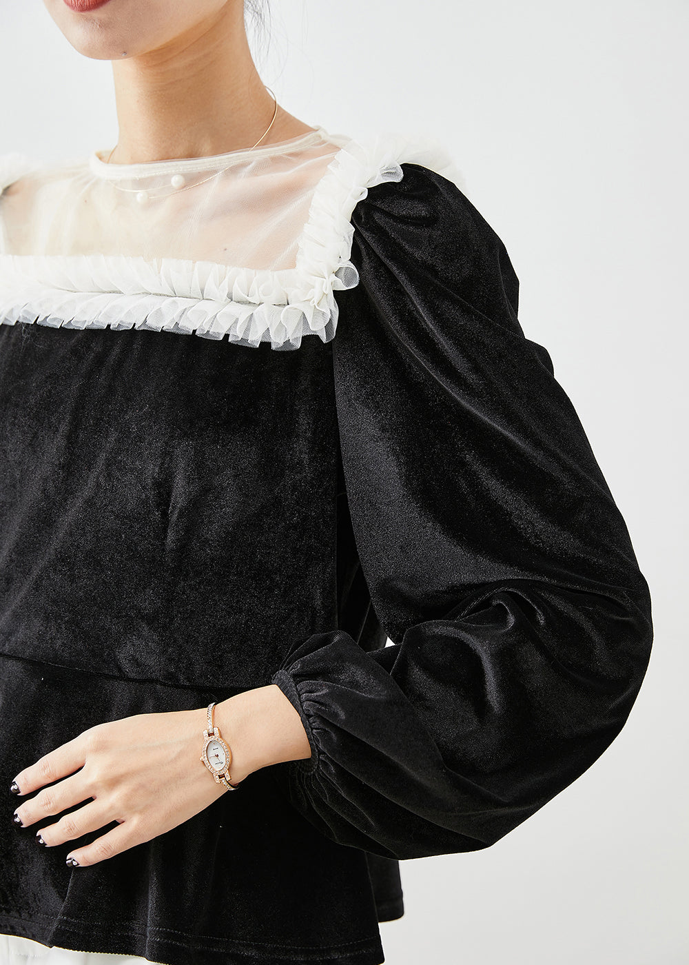 Diy Black Ruffled Patchwork Hollow Out Silk Velour Tops Fall