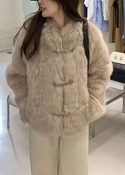 Italian Milk Tea Color O-neck Pockets Leather and Fur Coats Long Sleeve