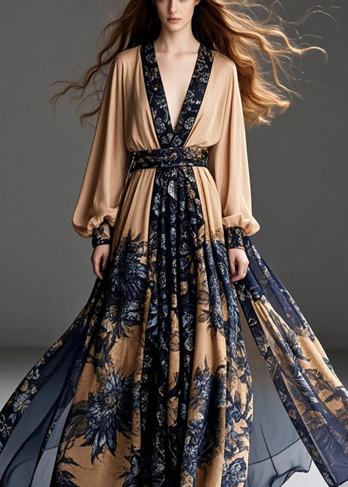 Coffee Cinched Print Chiffon Party Dress Exra Large Hem Fall