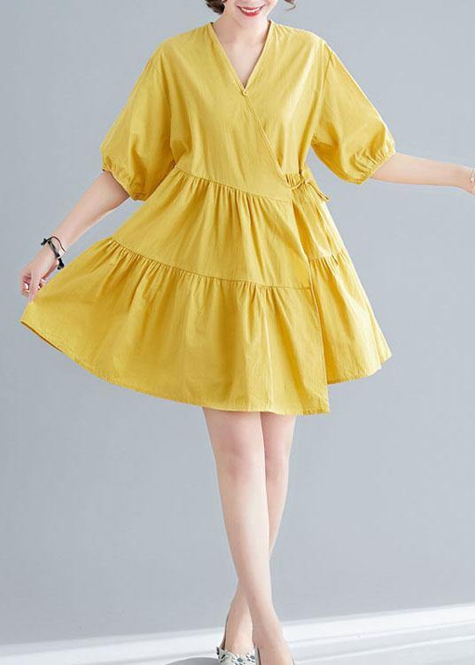 Diy Yellow Button Asymmetrical Design Summer Cotton Dress