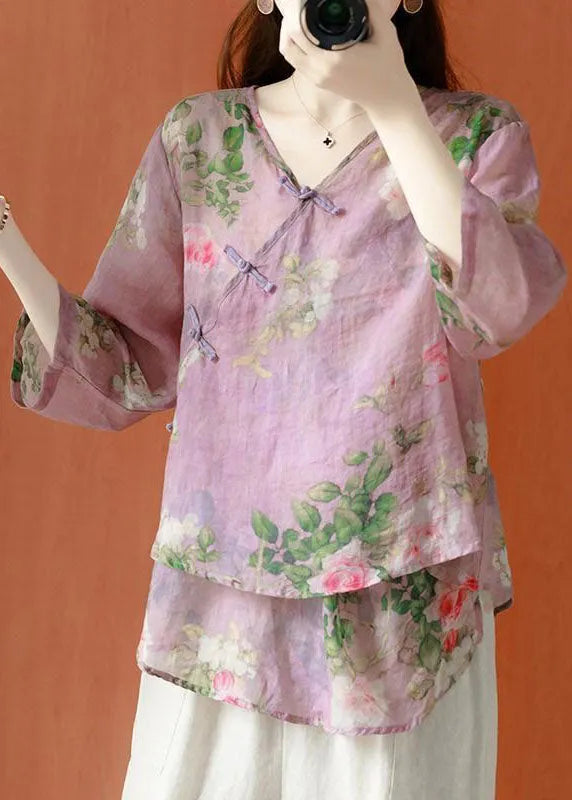 Brown Asymmetrical Print Linen Blouses Half Sleeve