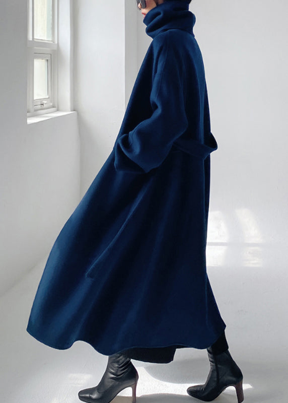 Blue Notched Tie Waist Woolen Coats Long Sleeve Winter