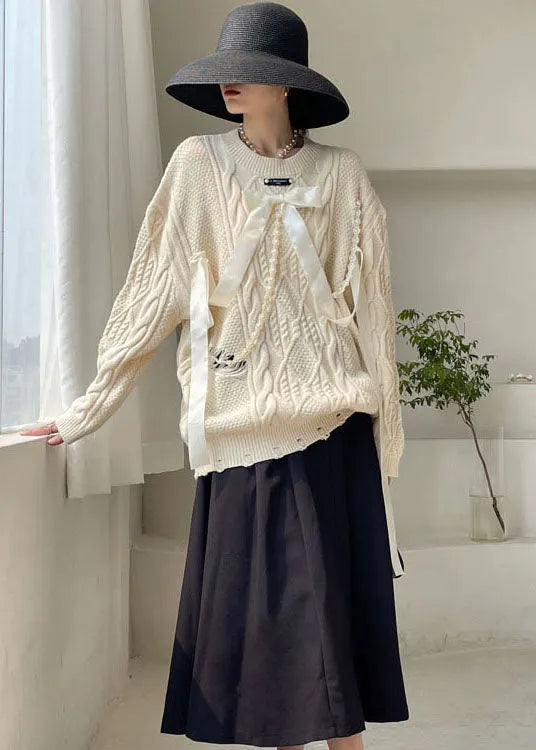 Diy Apricot Bow Hole Knit Sweaters Spring