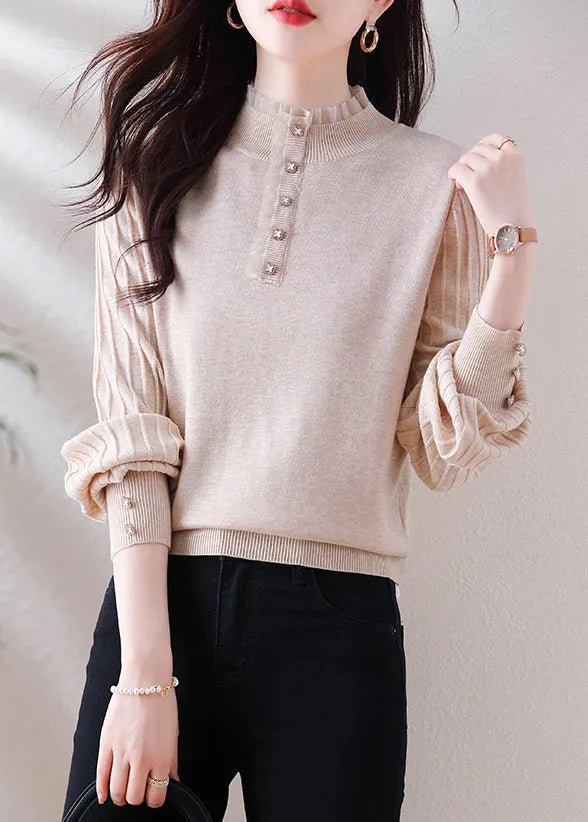Oatmeal Ruffled Button Patchwork Woolen Sweater Spring