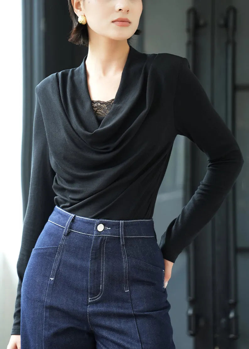 Slim Fit Black Lace Patchwork Wool T Shirts Fall