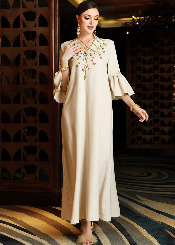 Apricot Embroideried Chiffon Long Dress Flare Sleeve Summer