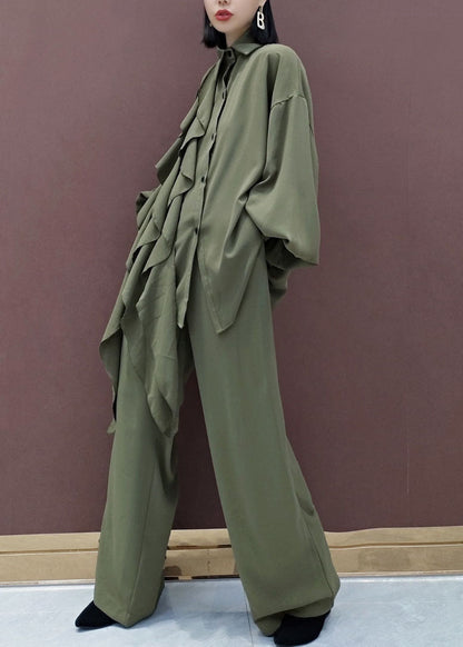 Modern Green Peter Pan Collar Asymmetrical Design Two Piece Set Spring