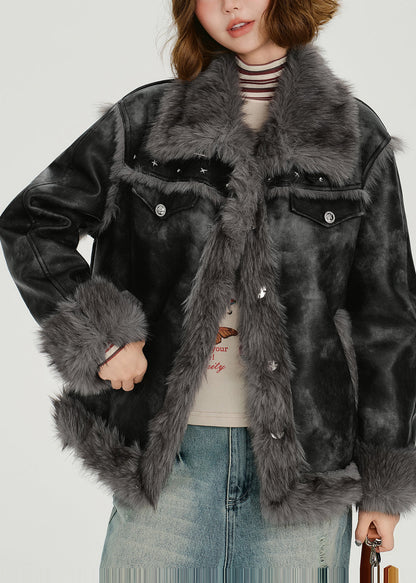Grey Oversized Tie Dye Faux Leather Jackets Winter