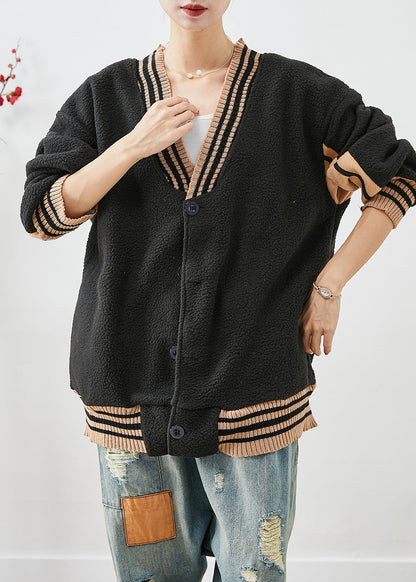 Black Oversized Patchwork Teddy Faux Fur Coats Fall