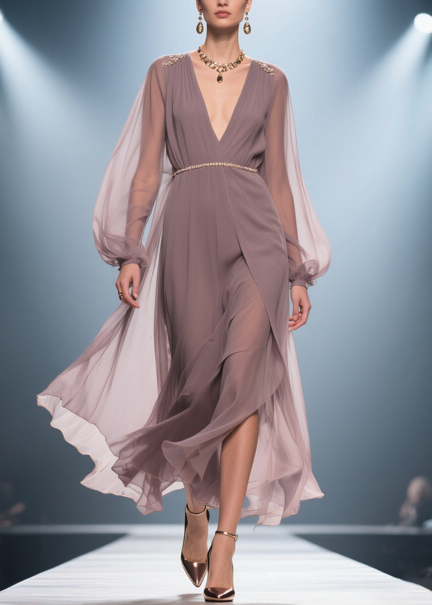 Stylish Soft Misty Purple Gray V Neck Wrinkled High Waist Chiffon Long Dresses Summer