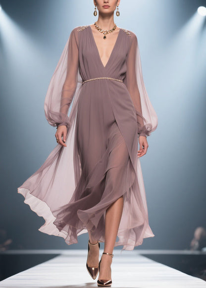Stylish Soft Misty Purple Gray V Neck Wrinkled High Waist Chiffon Long Dresses Summer