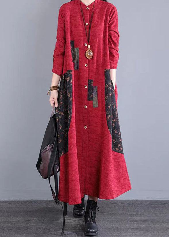 Red Print Pockets Patchwork Cotton Long Dress Button Fall