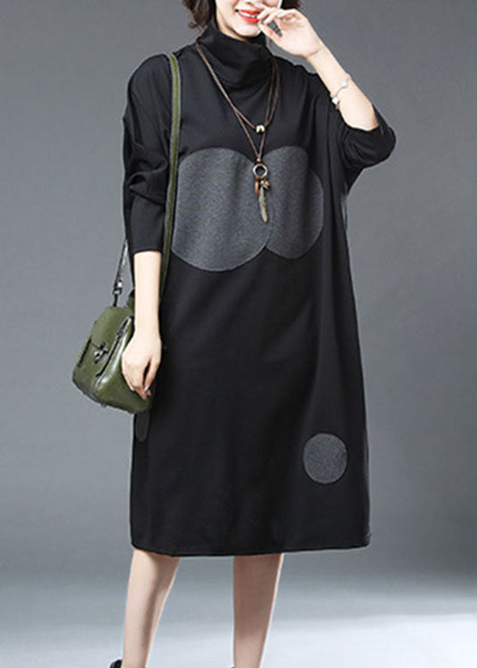 Black Turtleneck Dot Print Patchwork Cotton Dresses Fall